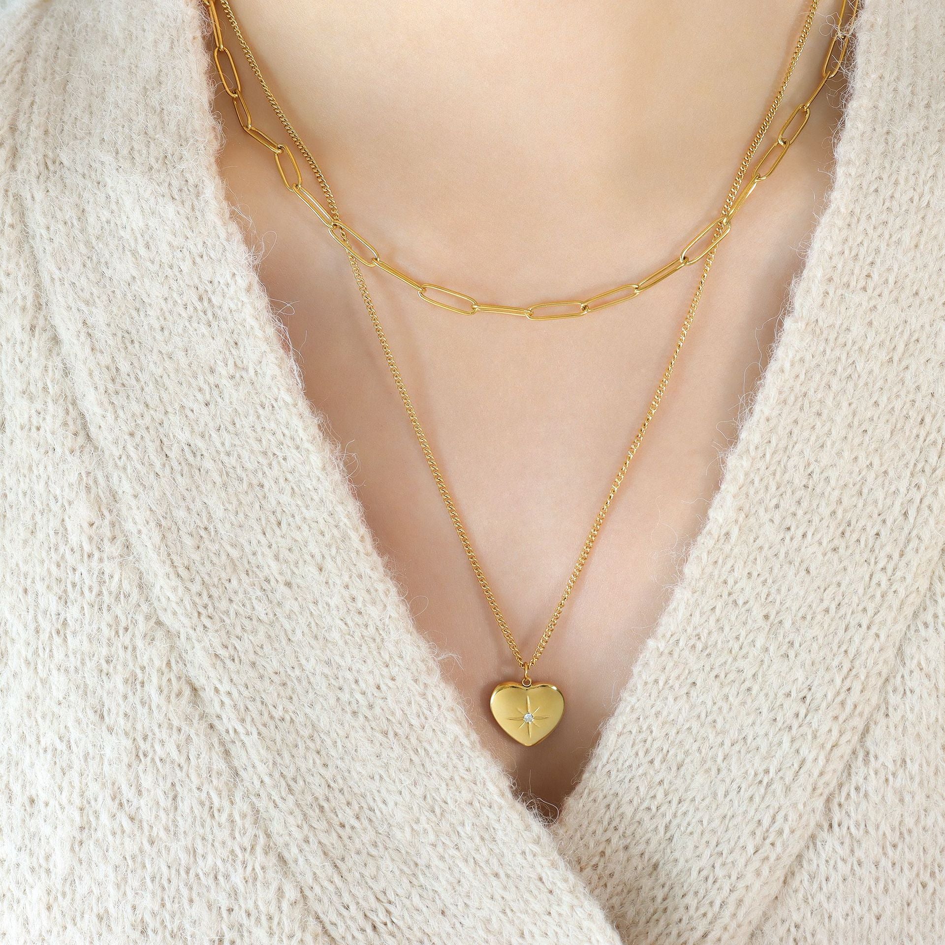 Wholesale 18k gold plated double heart-shaped star inlaid zircon pendant necklace